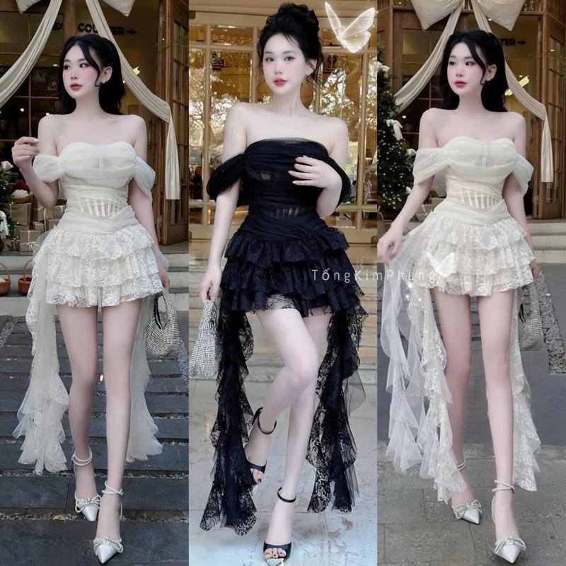 Váy Ren Trễ Vai Gọng Corset Phối Chân Váy Ren Tầng Tua Rua Hàng Thiết Kế Sang Trọng Cao Cấp