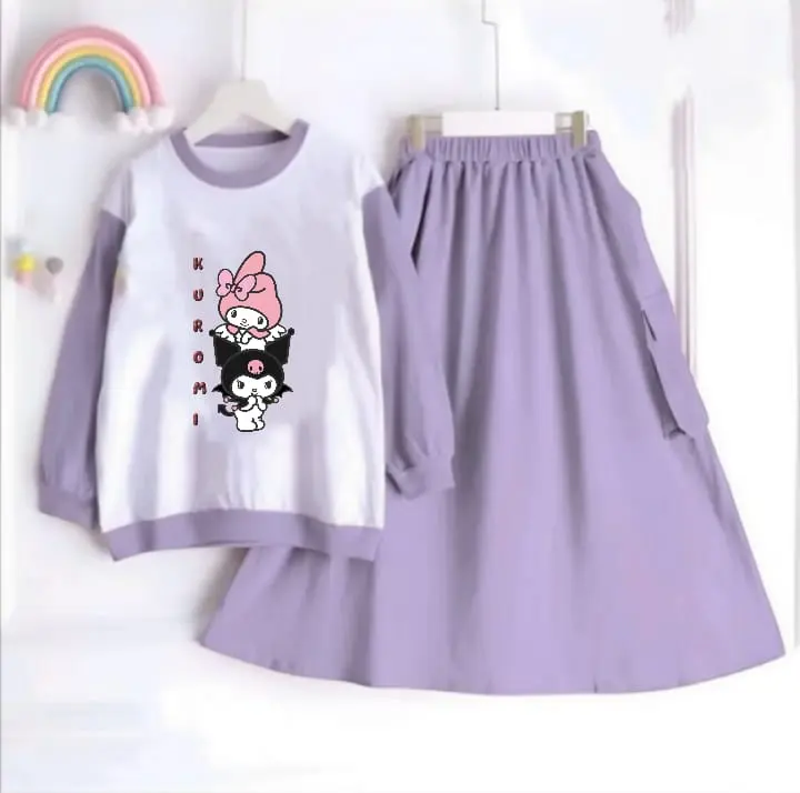 Setelan anak muslim Kuromi rok cargo bahan crinkle kekinian Fashion setelan  anak set