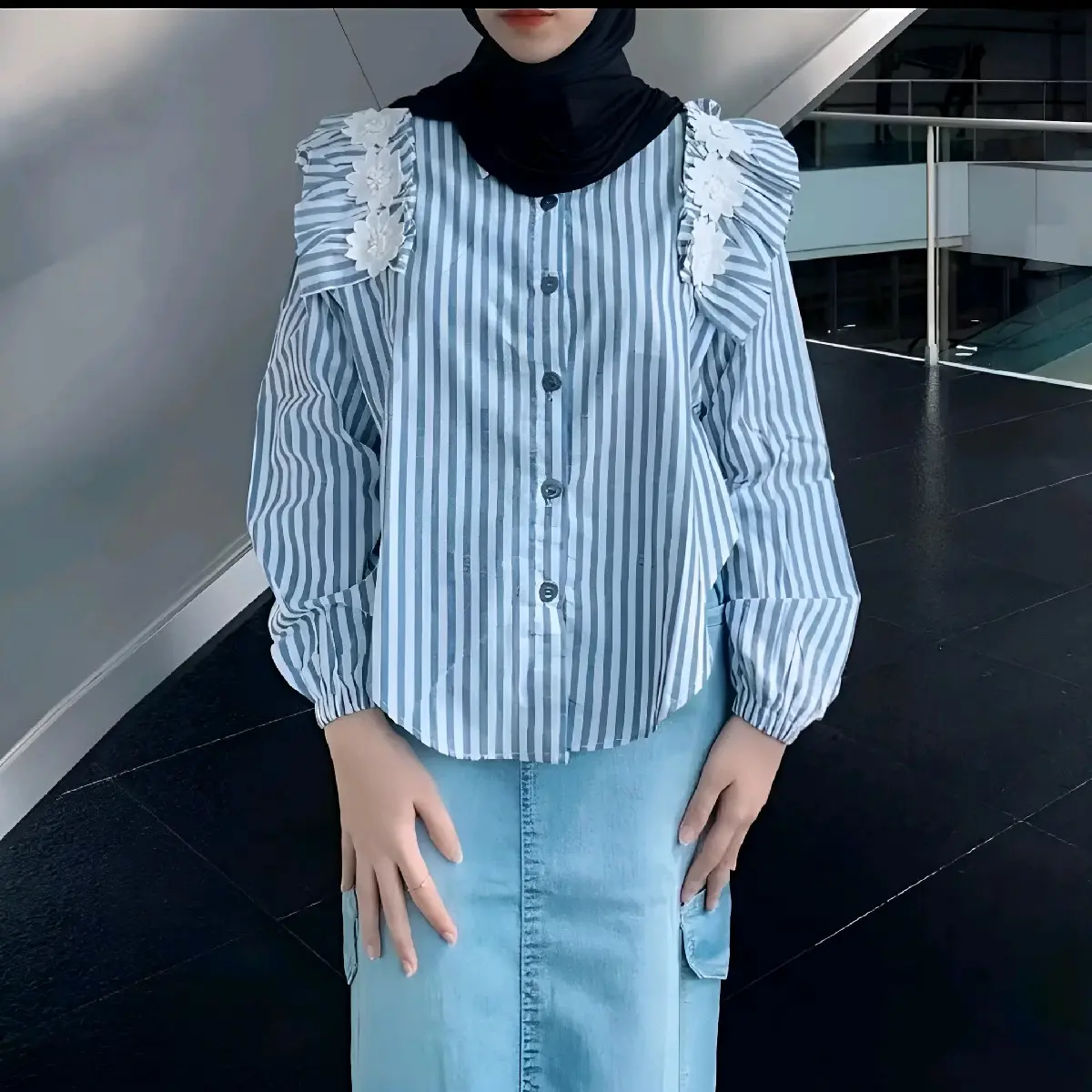 Atasan Baju Kemeja Salur Panjang Wanita Katun Premium Aneka Blouse Bunga Casual Kekinian