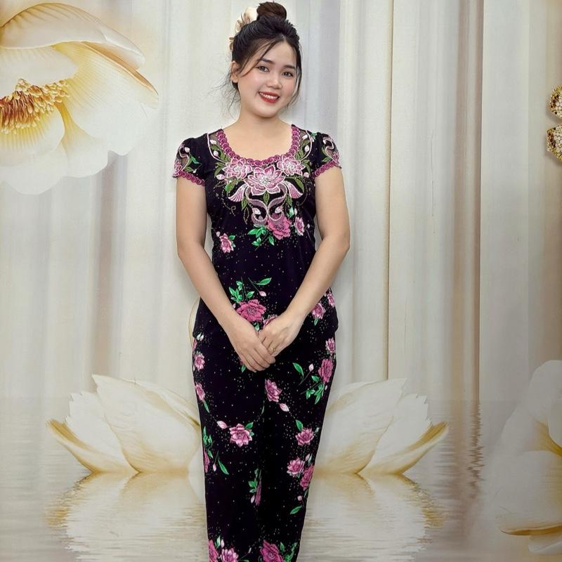 A95 ĐỒ BỘ TRUNG NIÊN Thun Tơ Hoa Cao Cấp Quần Dài Thiết Kế Thêu Cổ Thêu Tay Thương Hiệu Hải Sơn