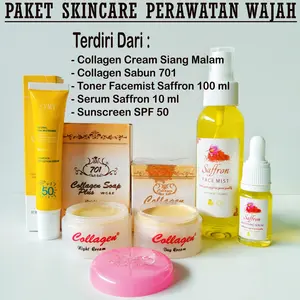 Paket Skincare Wajah Collagen Cream Siang Malam + Sabun 701 + Sunscreen SPF 50 + Facemist Saffron 100 ml + Serum Saffron 10 ml - Mencerahkan, Cleanser