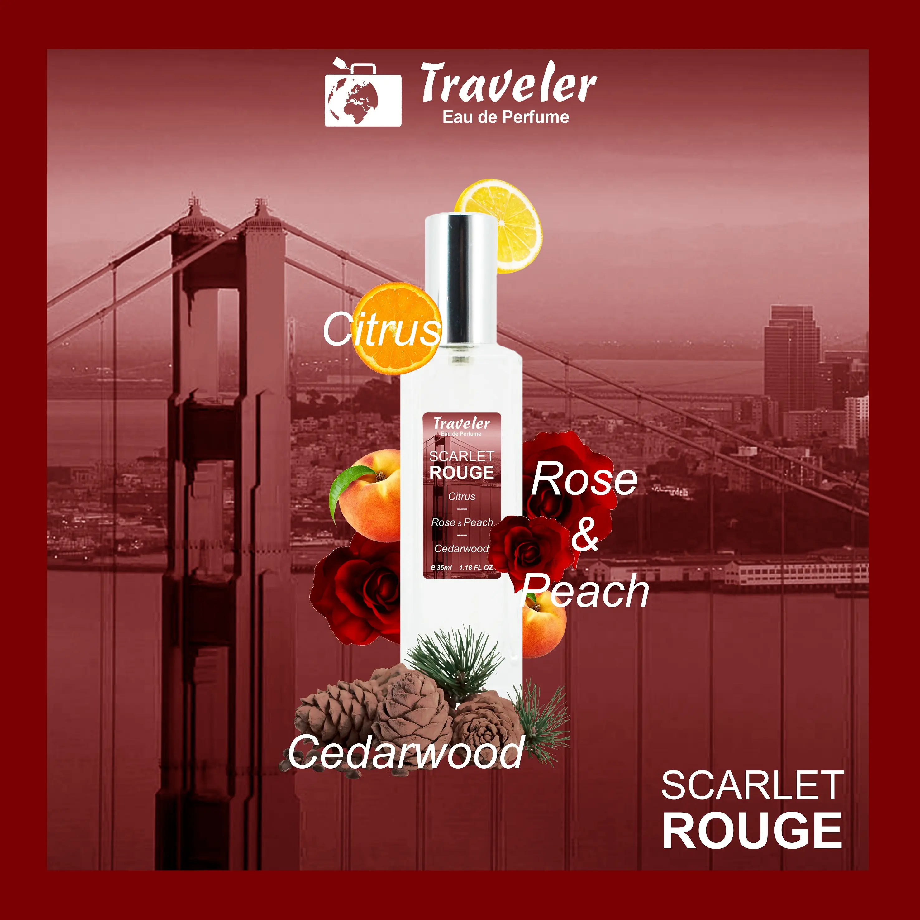 [ Parfum Halal ] Traveler Scarlet Rouge EdP Eau de Perfume Fresh Bunga Floral Tahan Lama Elegant Wanita Cewe Cowo Best Seller Parfume Long Lasting 35ml BPOM | Wangi Rose Mawar Peach Kayu Cedarwood Citrus Jeruk Lemon Cewek