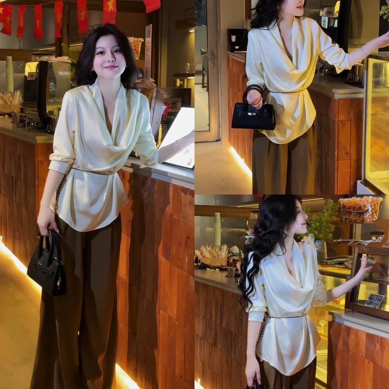 HÀNG CÓ SẴN G62 Set áo và quần áo sơ mi lụa nhật cổ đổ phối quần xuông dài - Set đồ nữ sang chảnh