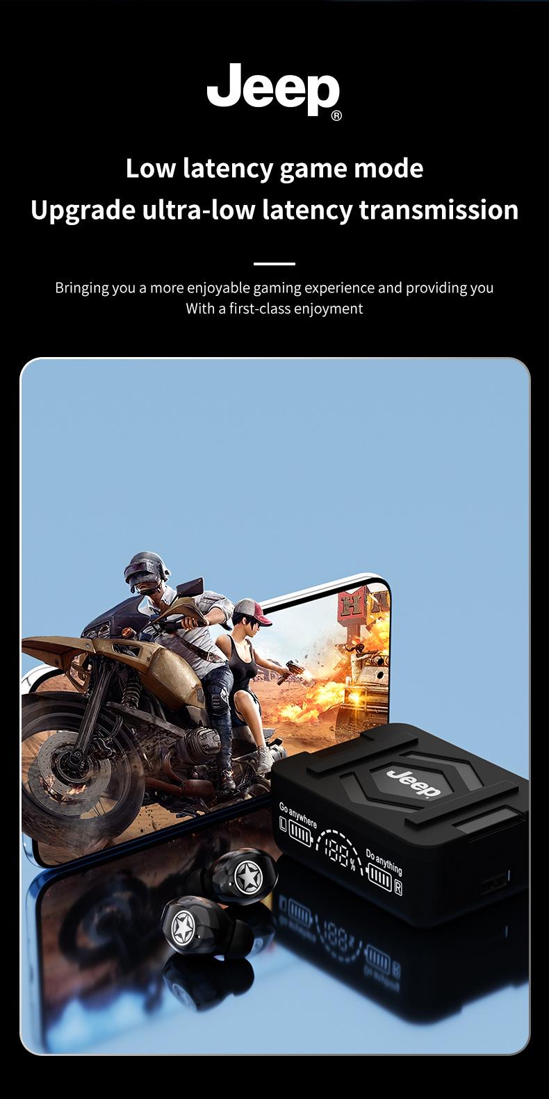 Jeep EW130 TWS Wireless Earbuds Bluetooth 5.4 Gaming Earphone Deep Bass Baterai Ekstra Besar Dengan fungsi Pengisian Terbalik IPX5 Waterproof Sports Headset with Mic