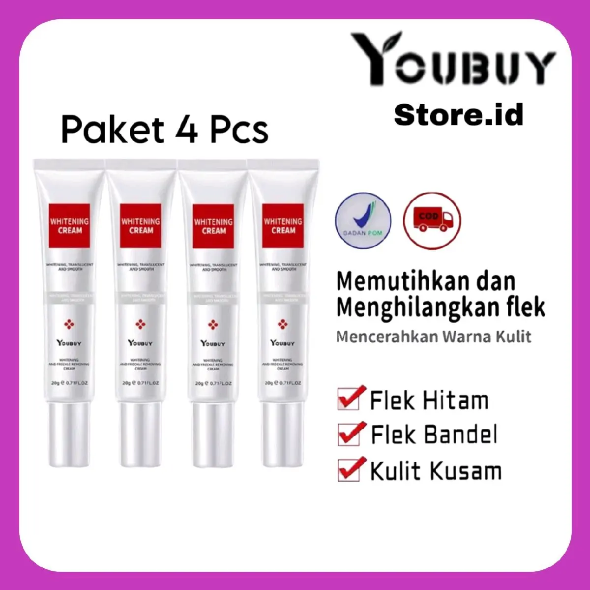 Paket 4 Pcs YOUBUY Whitening and Freckle Removing Cream krim pemutih wajah Light Spots Flek Hitam Brighten skin Memutihkan Mencerahkan Serum