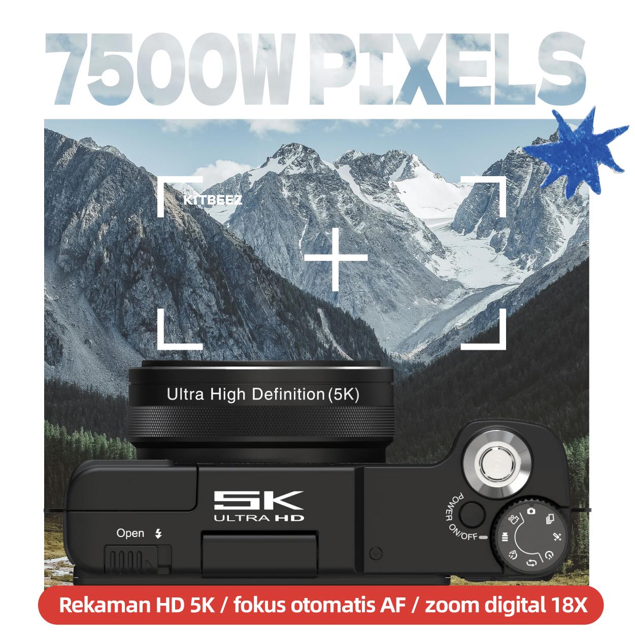 【KiTBEEZ KP-4】 Kamera Digital 5K WiFi 75MP dengan Zoom Digital 18X, Layar Putar 180°, Flash Intelligent Muncul Otomatis untuk Selfie & Pembuatan Vlog