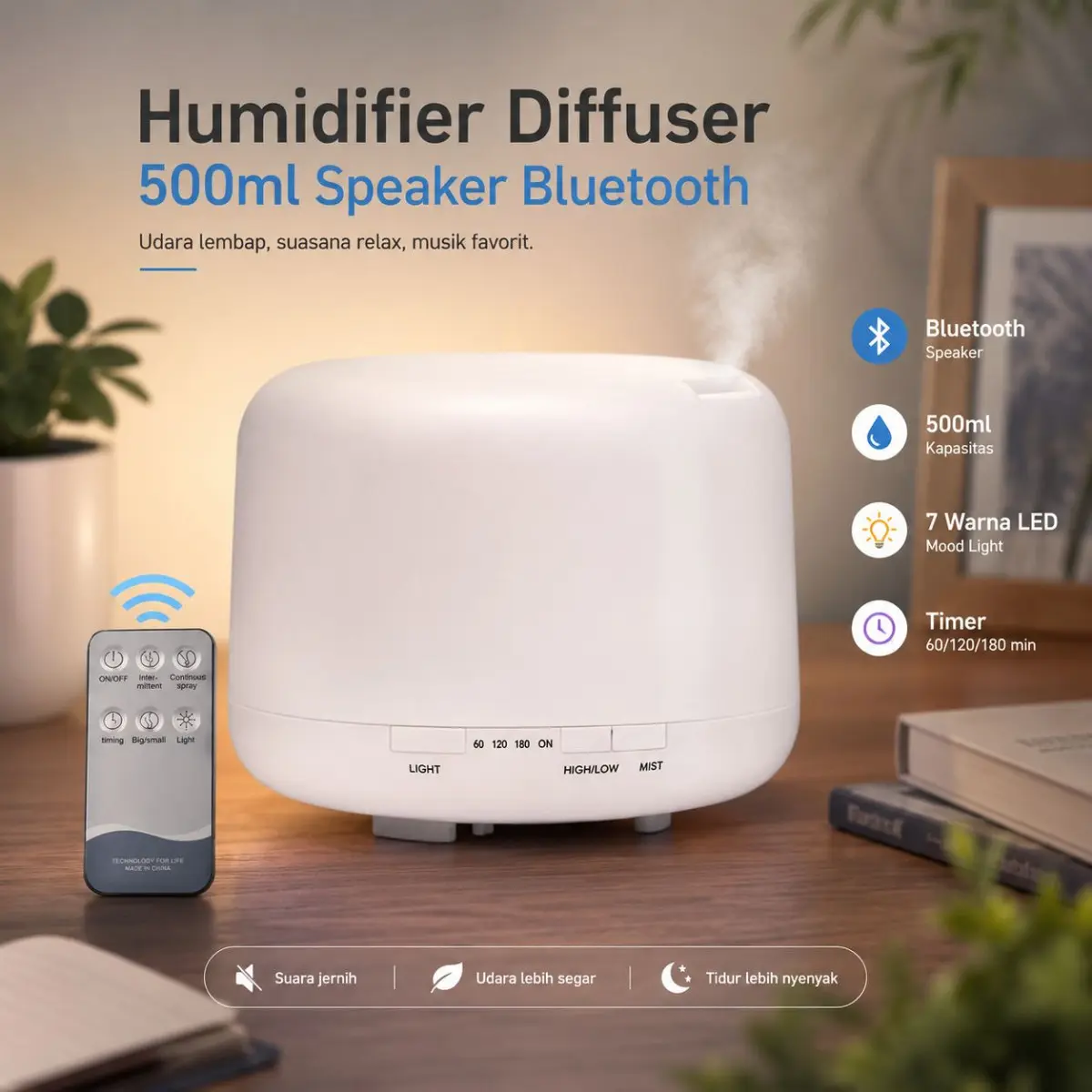 Humidifier Aroma Diffuser Speaker Bluetooth 7 Color LED 500ml - SZ-A1