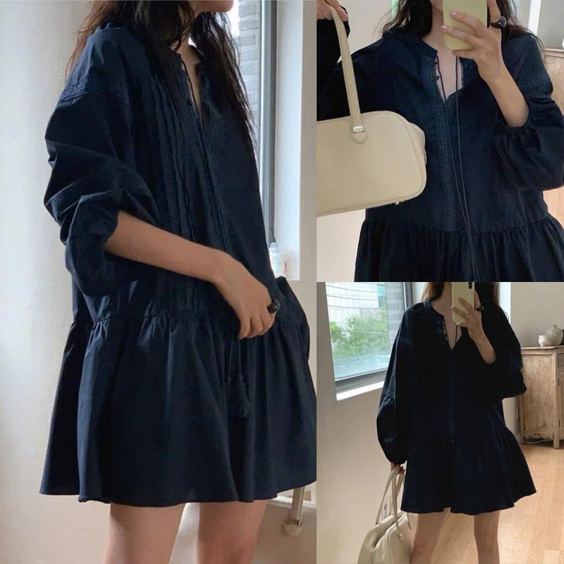 Váy Ren Xếp Li Phối Viền Dáng Xòe Babydoll Dài Tay Top Nữ LD457