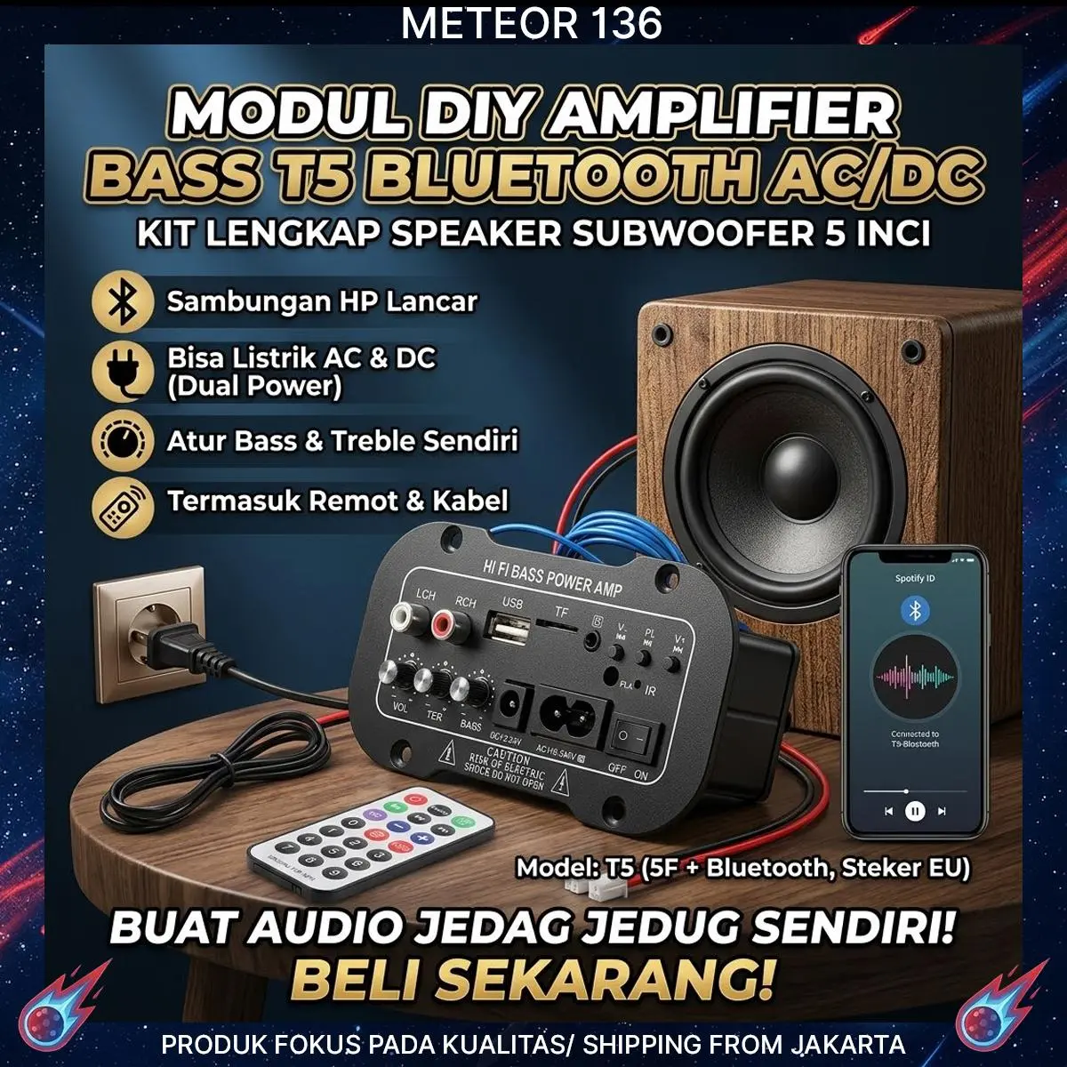 Modul DIY Amplifier Bass T5 Bluetooth Audio Board Subwoofer 5 Inci AC 220V DC 12V 24V Kit Speaker Aktif Mobil & Rumah HiFi USB TF Radio FM Jedag Jedug + Remote