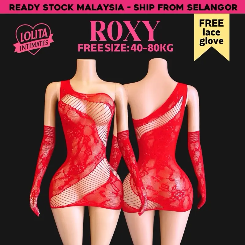 [MAX 80KG] LIT | ROXY Free Glove Off Shoulder 3D Lace Embroidered Short Night Dress Lingerie