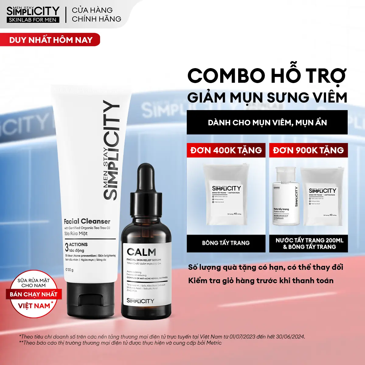 Bộ đôi chăm sóc da nam hỗ trợ giảm mụn dịu da Men Stay Simplicity Acne Relief Duo: Sữa rửa mặt 100g và Serum Calm 30ml