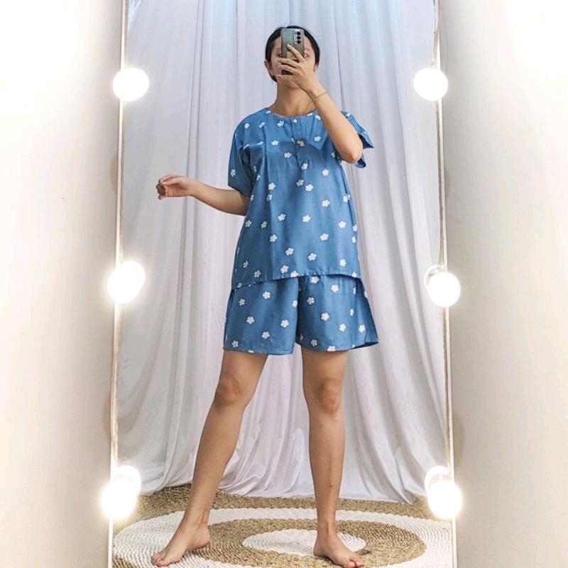 Setelan Baby Doll Celana Pendek Gogo Rayon All Size Nyaman Kancing Busui Motif 1