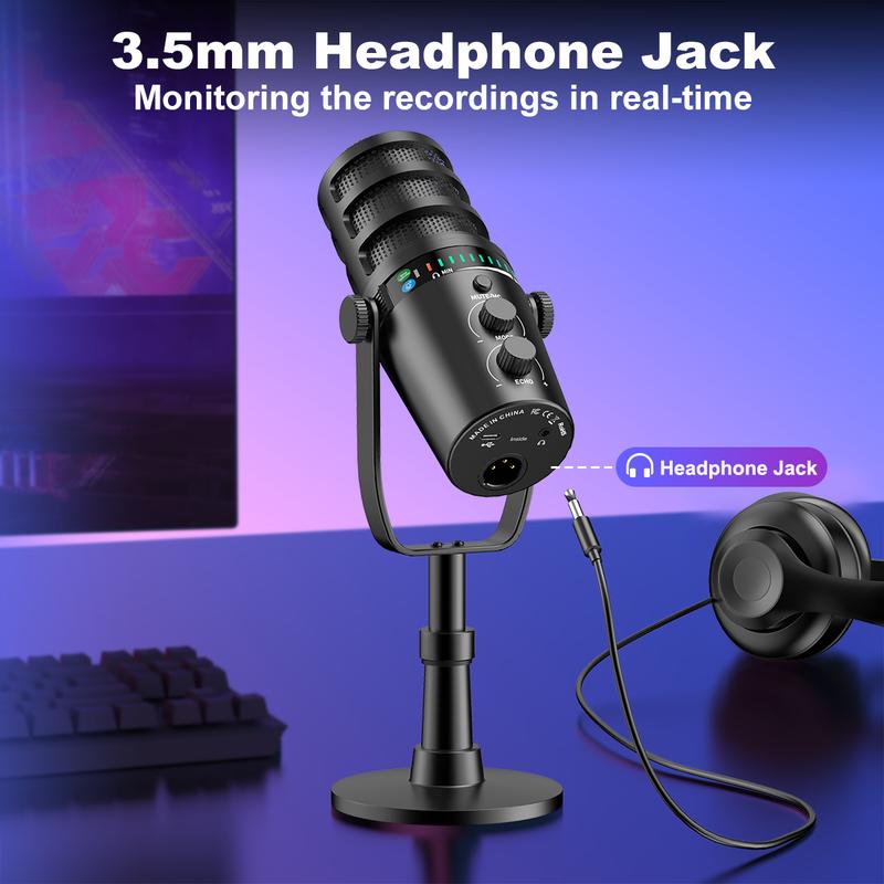 Micro động, Micro podcast XLR / USB, với chân đế để bàn, Nút tắt tiếng, giắc cắm tai nghe, núm tăng và điều khiển âm lượng, Micro chơi game lý tưởng cho podcasting, ghi âm, phát sóng Trực Tiếp Trực Tiếp, giọng nói qua 3