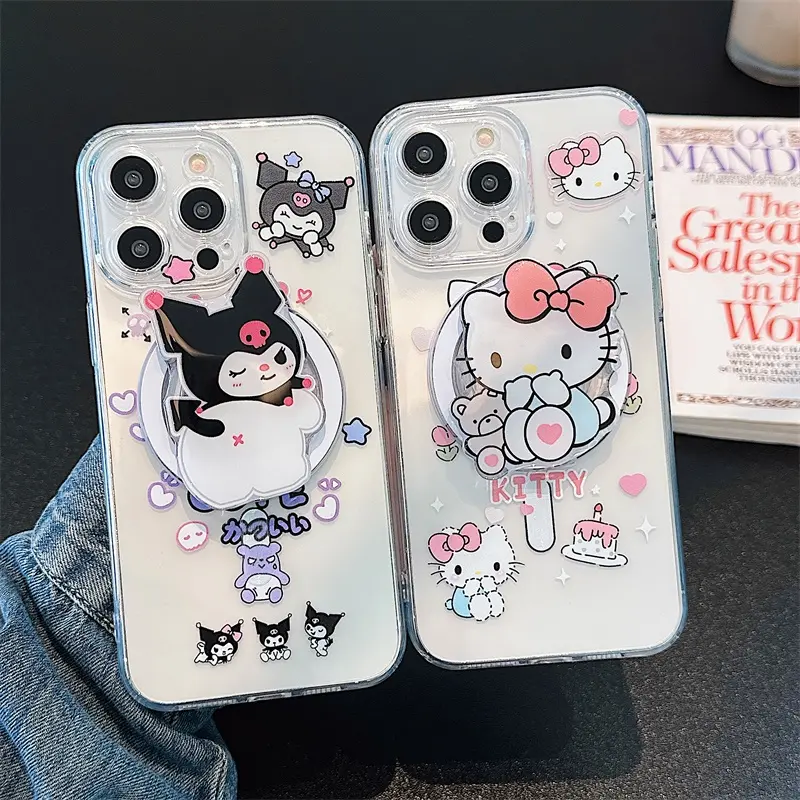 INS Sanrio Hello Kitty Kuromi Magnetic Attraction Case With Holder For iPhone 15 14 13 11 12 Pro Max Cute Cartoon Clear Cases