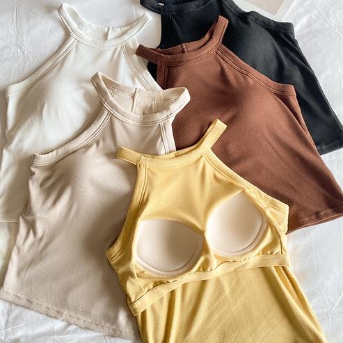 Product Introduction of Women's Sports Yoga Halter Tank Top Camisole Bra with Chest Pad Vest Sleeveless Tube Top Solid color versatile women's tank top Cotton Crop Top 17