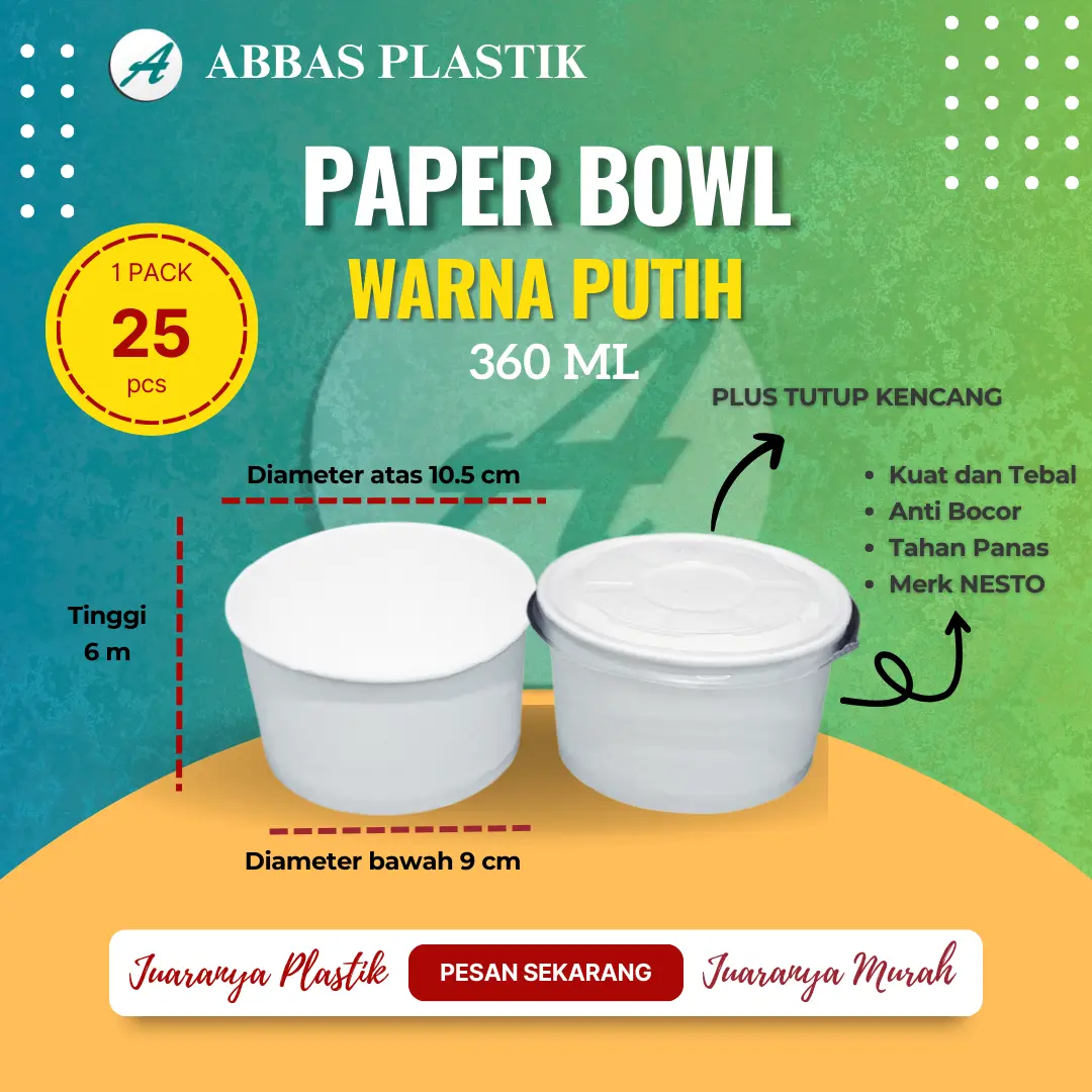Paper Bowl Bulat Warna Putih + tutup bening / Merk Nesto / Ukuran 360 ml/ 1 pak isi 25 pcs/ Dimensi 6 x 9 x 10 cm