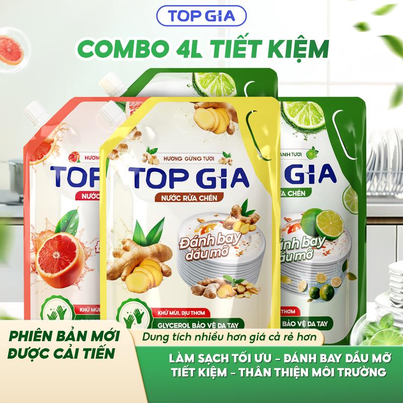 COMBO 4 LÍT TIỆN LỢI Nước Rửa Chén Túi Refill Tiết Kiệm | Hương Chanh-Gừng-Bưởi | Đánh Bay Dầu Mỡ Công Thức Cải Tiến MỚI TOPGIA dầu rửa bát chén gia dụng nhà bếp RC