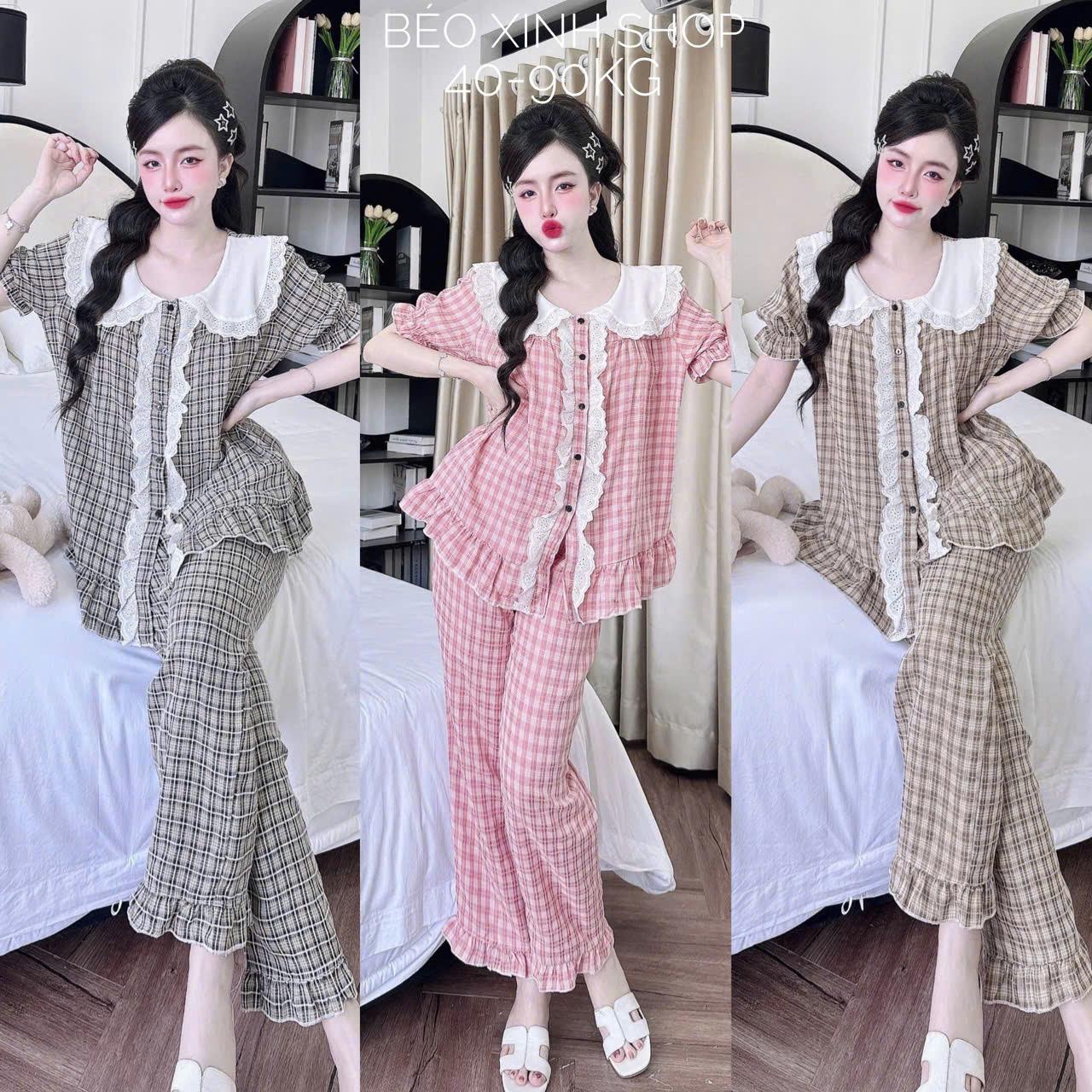 Đồ Bộ - Đồ Ngủ Quần Áo Vải Xốp Vân Gỗ Phối Ren Tiểu Thư Tay Ngắn Quần Dài Pijama Bigsize 50-100kg Mặc Cực Thích Nữ Pants Lịch Quần Ngủ - A.5446