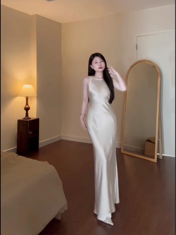 Đầm Lụa Ba lỗ 1 lớp không mút không dây kéo form dài dự tiệc,Váy lụa queen óng ánh sang chảnh,tôn dáng