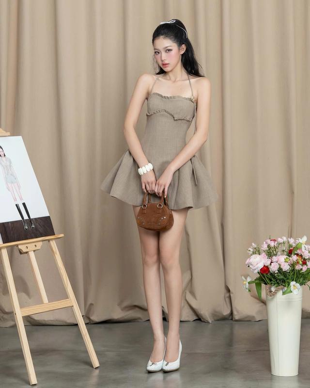 [Tặng quần bảo hộ] Váy cúp buộc dây phối viền bèo chất vải xước thái dáng bồng xòe váy đi tiệc đi cưới váy nữ xinh nhẹ nhàng váy đi tiệc sang chảnh