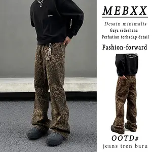 Celana Jeans Lurus Longgar Motif Macan Tutul -Celana lebar yang modis dan serbaguna