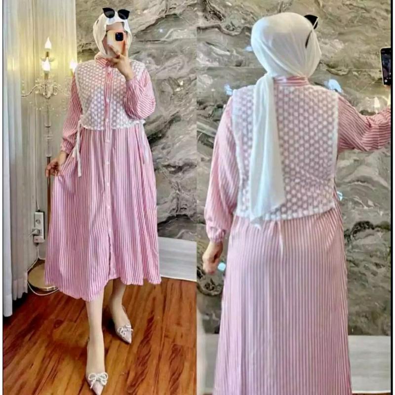 Long dress Tunik wanita Burkat Terbaru/Dress Tunik salur Ful kancing Kekinian/Tunik dress midi motif kombinasi Burkat Premium 6