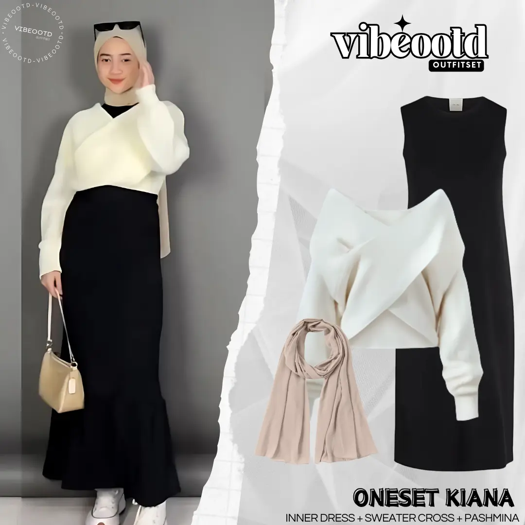 Kiana Outfit Set Wanita Hijab ( Inner Dress Span Panjang + Sweater Cross Kerut + Pashmina Ceruty Basic ) One Set Korean Style | Setelan Hangout Simple |  Ootd Casual Remaja