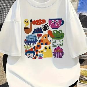 小清新抽象図案プリント婦人用半袖Tシャツ、丸首、ゆったり、純綿カジュアルトップス、丸首、ショルダーベルト、ゆったりシルエット、通気性、肩落ちデザインプリントTシャツ夏季ゆったりタイプ