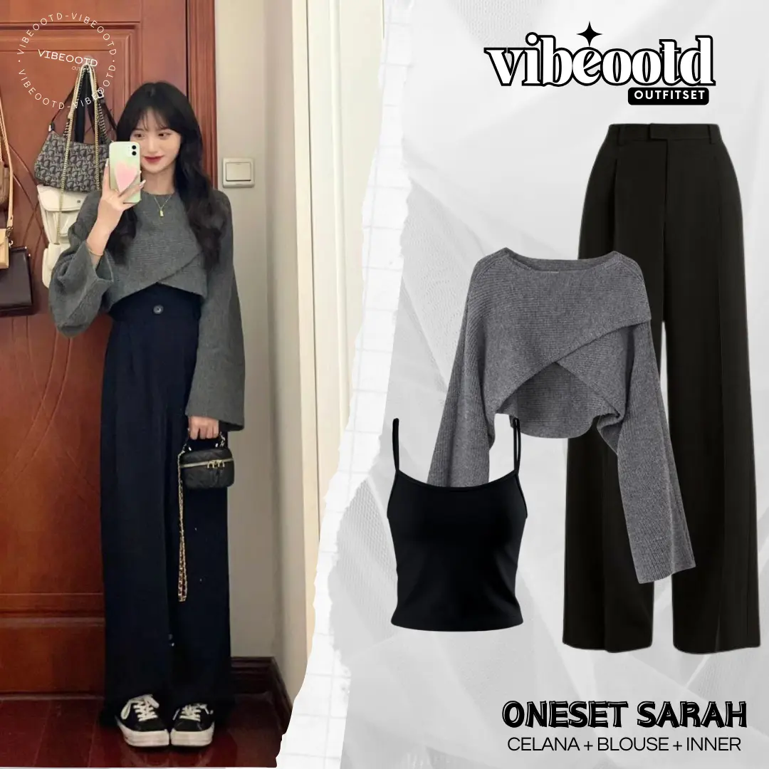 Sarah Outfit Set Wanita ( Bawahan Celana Loose Pants Panjang Hitam + Atasan Outer Sweater Crop Tebal Silang  +  Inner tank top Basic ) Setelan Ootd Casual Simple - Variasi One set Korean Nyaman Lembut one remaja cewek