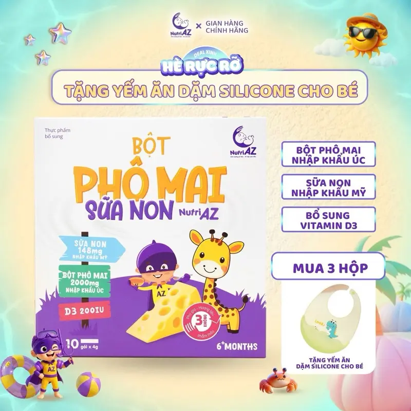 [Hộp 10 gói] Hộp Cheese Sữa Non NutriAZ Dạng Bột Hỗ Trợ Phát Triển Chiều Cao Cho Bé Ăn Dặm - Nguyên Liệu Nhập khẩu