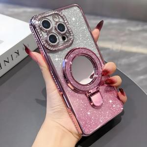 ラグジュアリーなメッキ仕上げのバンパー・フラッシュグリッタースタンド付きスマホケース｜iPhone 11/12/13/14/15/16e/17 Pro Max対応、Diamond Mirrorホルダー搭載、15 Plus用カバー