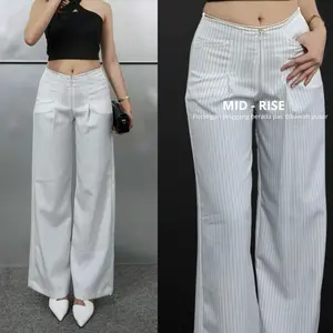 EF | City Pants | Celana Casual Tipis Panjang Wanita Kantor Kuliah Motif Garis Kulot Pinstripe Karet Lembut Loose
