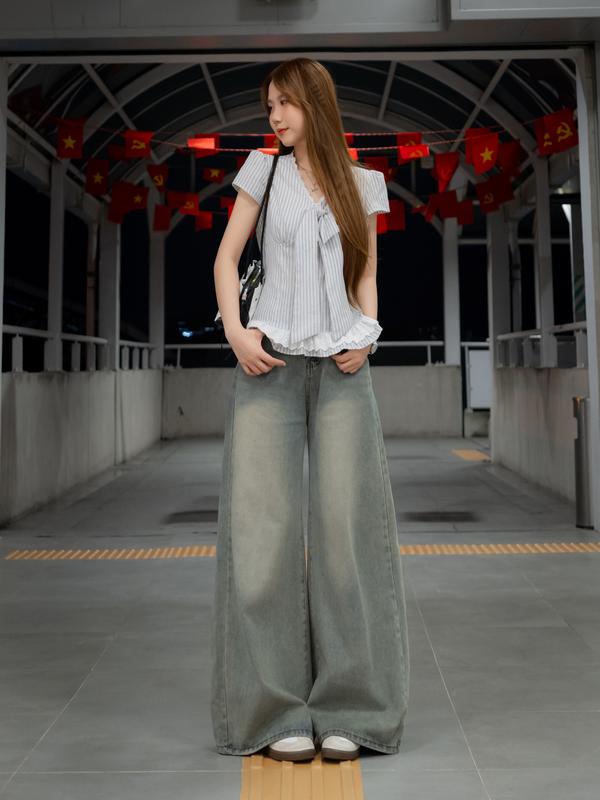 [MIAA] Quần Jeans Nữ Ống Rộng Loe 37cm - Màu Retro Xanh Nhạt, Xanh Xám - Chất Vải Jeans Mềm - Quần Ống Rộng - Mã ONG37 | BigBuy360 - bigbuy360.vn