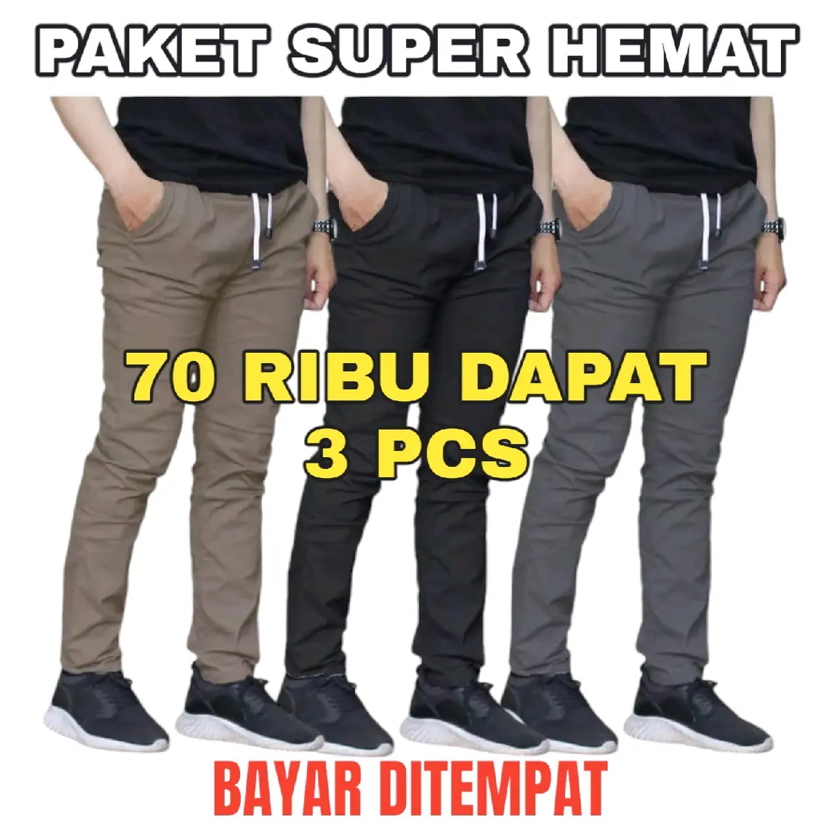 PROMO 70 RIBU DAPAT 3 PCS CELANA PANJANG CHINO CASUAL STREET PINGGANG KARET Stretch Pria Cream Hitam Grey Mocca