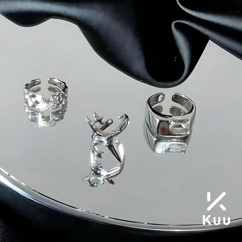 Set 3 Nhẫn bạc nam nữ chất liệu hợp kim titan chống han gỉ thiết kế mạ bạc mặt nhẫn đính đá thời trang Kuu Clothes phong cách hàn quốc dễ phối đồ - Nhẫn 3Stars