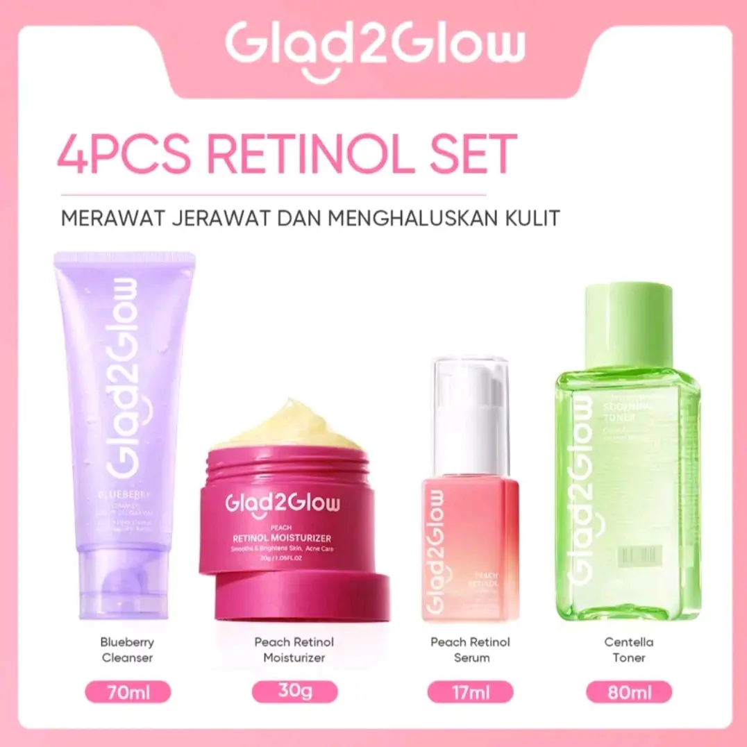 GLAD2GLOW SPESIAL BUNDLING 4IN1 PAKET SKINCARE 4 PCS MOISTURIZER SERUM PEACH RETINOL TONER CENTELLA FACE WASH kombinasi tea tree oil kit perawatan kulit buat 1 paket daviena burgundy Sensitive Organic Skin Care Kits Semua Tipe Kulit BHA Kontrol Minyak