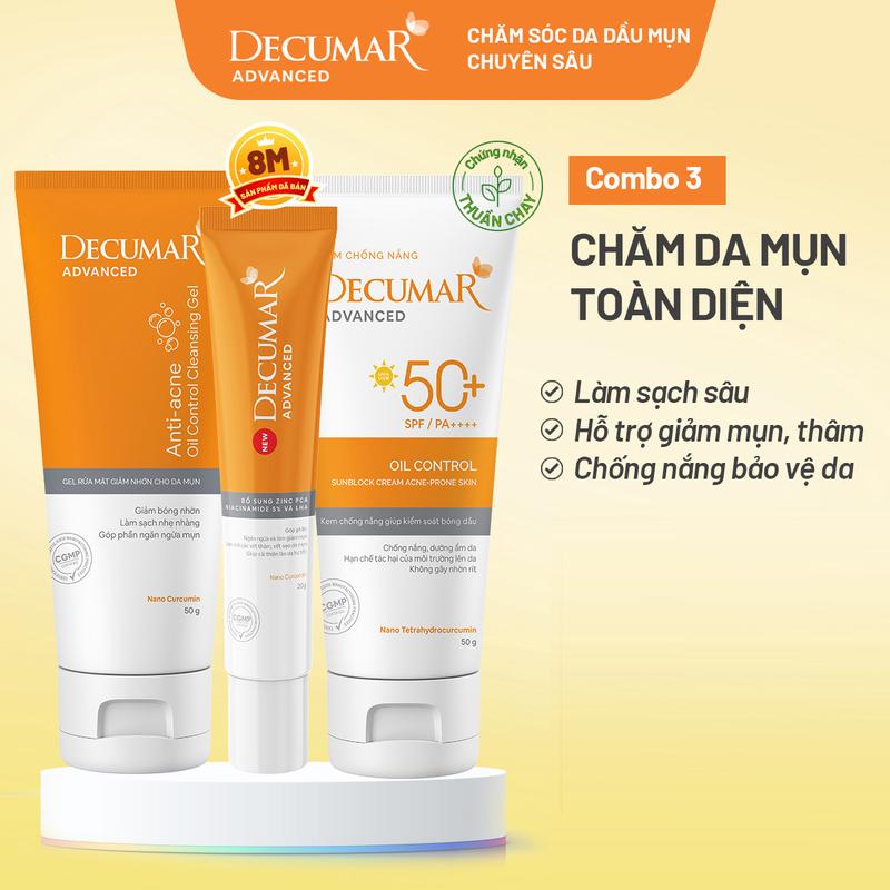  Combo chăm sóc da mụn toàn diện Decumar Advanced   1 Gel rửa mặt Hỗ trợ  Giảm nhờn 1 Gel chấmmụn 1 Kem chống nắng  Skincare DCBAV 