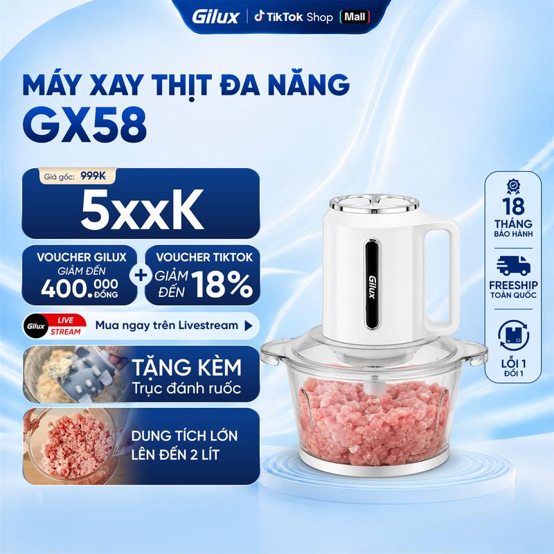 Mua 1 Tặng 1 - Máy xay thực phẩm đa năng - Gilux GX58 dung tích 2L, Công suất 300w lưỡi dao inox thiết kế gọn nhẹ + Tặng Kèm đánh ruốc