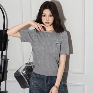 Women's Korean Style Embroidered Striped Short Sleeve Knit Top, Slim Fit Summer Casual Shirt, Elegant College Wind Design 8839# Knitwear Womenswear Basic Fitted Minimalist
