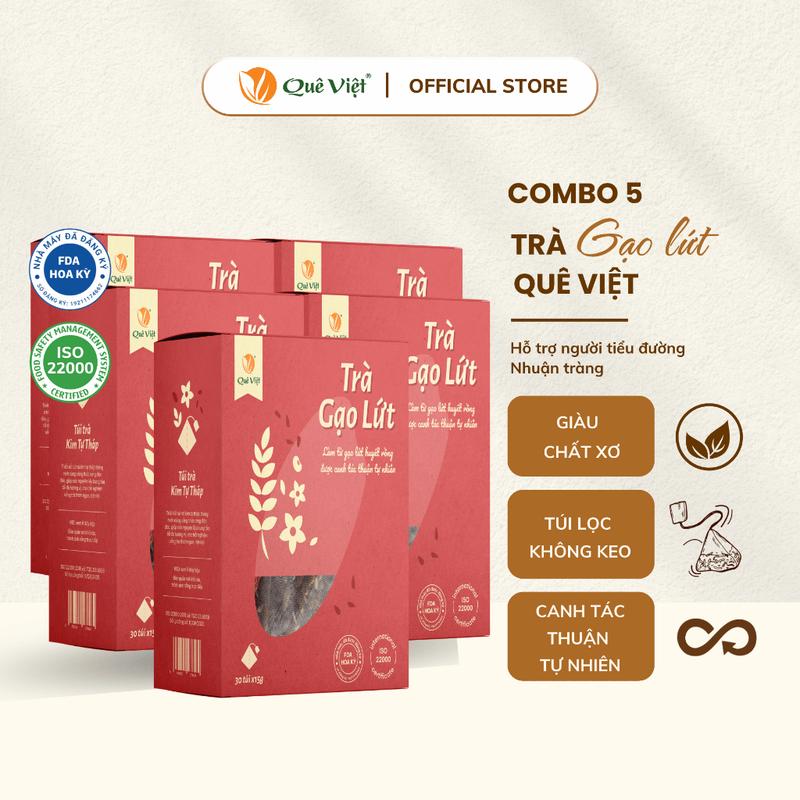 Combo 5 hộp Trà gạo lứt Quê Việt+  tặng quà tặng tùy chọn - Hộp [450g, 600g] Nước Trà Tea Chè
