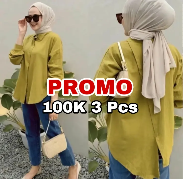 Promo Atasan 100k 3 Pcs Nelka Linen Shirt Atasan wanita kemeja wanita Oversize Abu Kancing Kaos Kerah Panjang Tangan Remaja Ruffle Nyaman Kain