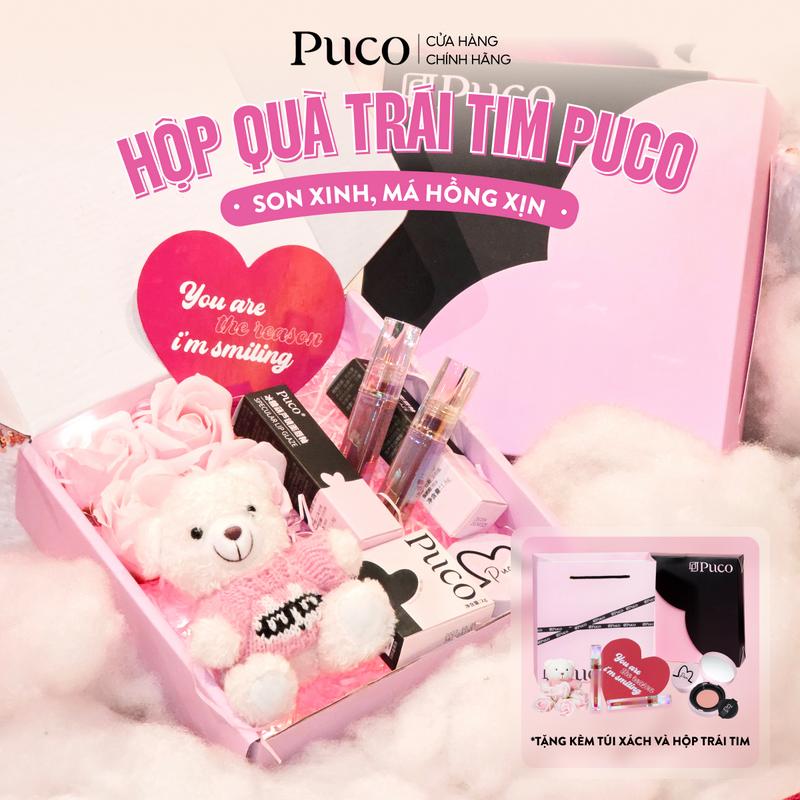 Hộp Quà Trang Điểm Trái Tim Tặng Bạn Gái kèm túi son môi phấn má hồng gấu bông hoa hồng sáp đèn phát sáng PUCO HEARTBOX XOXO