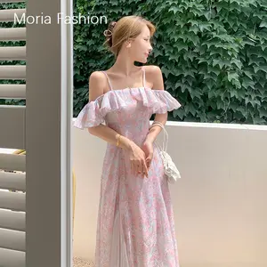 Moria QZ047 loral dress wanita baru Perancis lengan panjang gaun V-neck mid-length sifon bunga V-neck manis gaya Korea dress wanita