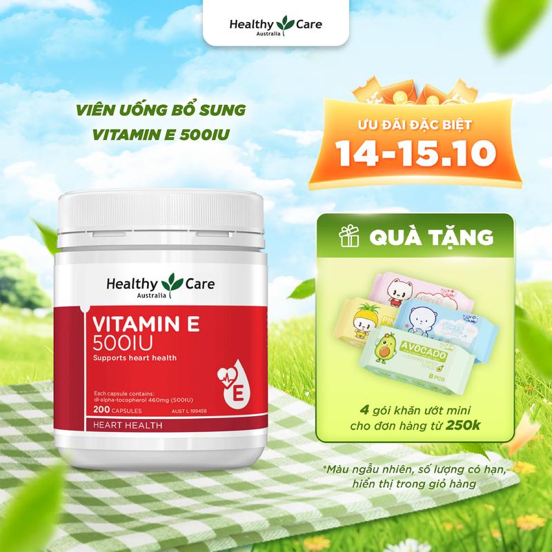 Viên Uống Bổ Sung Vitamin E đỏ Healthy Care 500IU 200 Viên Hỗ Trợ Tái Tạo Và Làm Đẹp Da