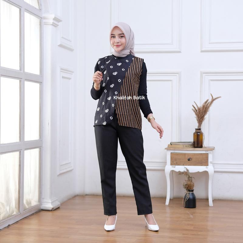 Product Introduction of Outer Batik Kondangan Wanita Tanpa Lengan Jumbo Panjang Atasan Rompi Hitam 1