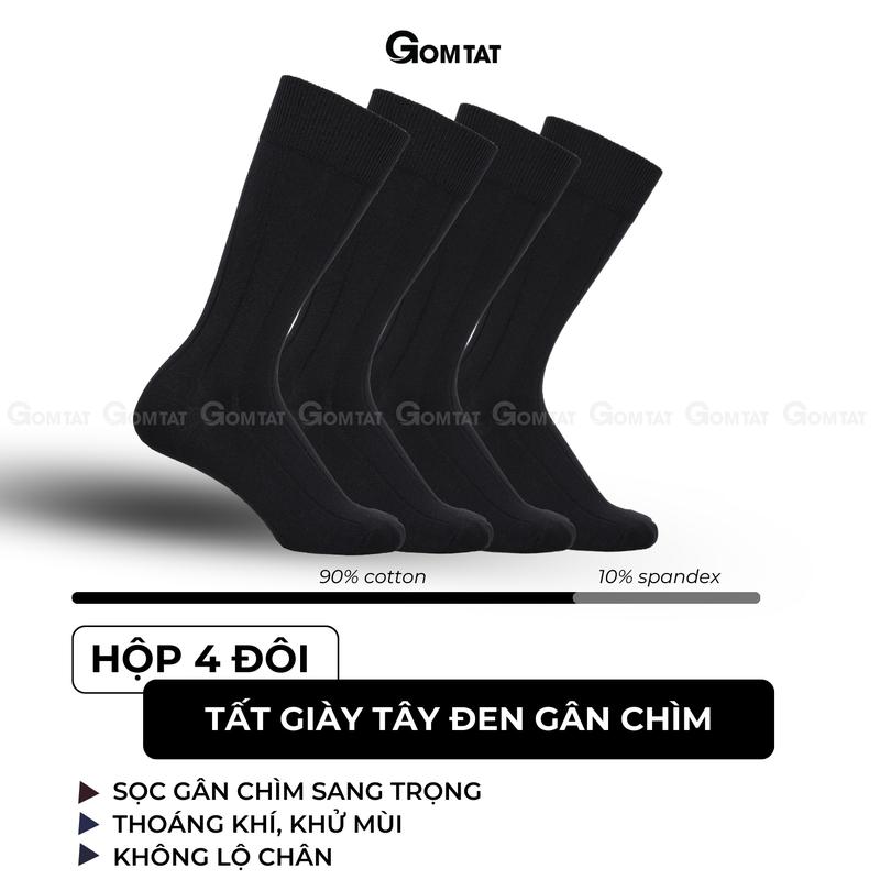 Hộp 4 đôi tất nam công sở cổ cao 25cm màu đen, vớ nam đi giày tây họa tiết gân chìm chất liệu cao cấp, vớ nam công sở cổ cao Cotton, tất nam đi giày tây Menswear - GOM-MIX09-DEN-CB4