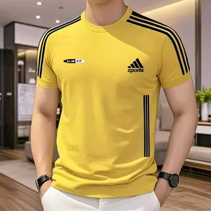 Kemeja-T Bercetak Berjalur Leher Bulat, Fesyen Lelaki, Baju Atasan Lengan Pendek, Selesa, Sesuai untuk Sukan Luaran, Fabrik Berkait daowsvhmmrhf