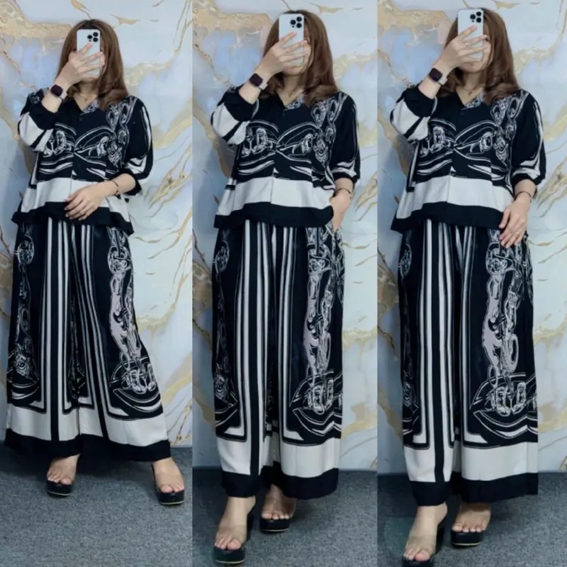 ONE SET CROP SETELAN CELANA KULOT WANITA HIGHTWAIST LENGAN 7/8 RAYON PREMIUM BUSUI FRIENDLY KANCING - SETELAN MOTIF CELANA KULOT BARU 5