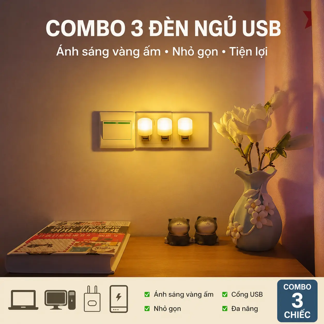Combo 3 đèn led usb mini siêu sáng đọc sách giá rẻ nhỏ gọn cho laptop, sạc dự phòng, máy tính, ô tô, xe hơi Phụ Kiện