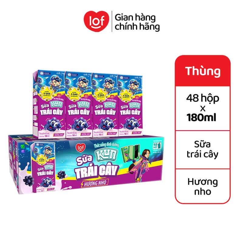 Kun Sữa trái cây chọn hương vị: Cam, Nho, Trái Cây, Dâu (thùng 48 hộp x 180ml)-LS2